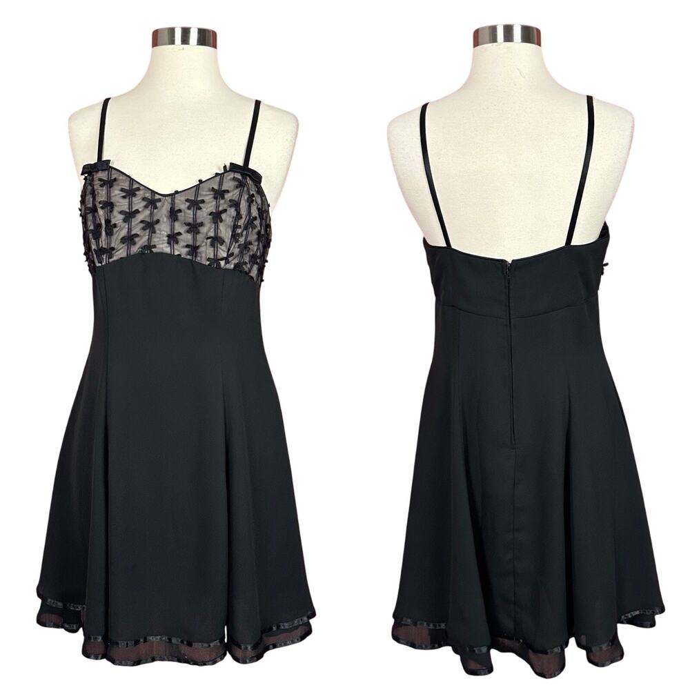Vintage De Laru Black Bow Mesh Fit & Flare Party Dress Y2K / 90s Size 9/10